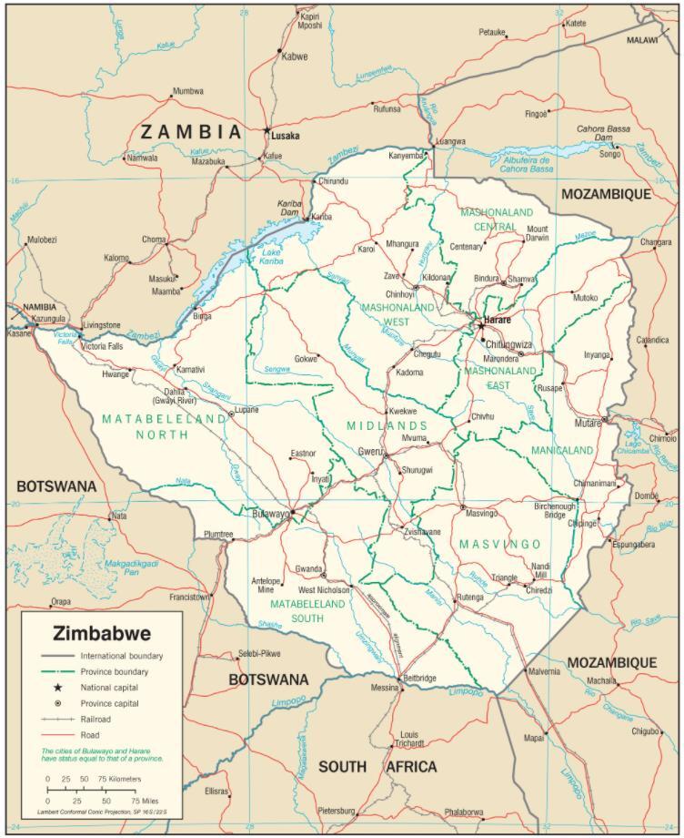 津巴布韦的现代地图及其与另一个祖母绿产国赞比亚的共同边界